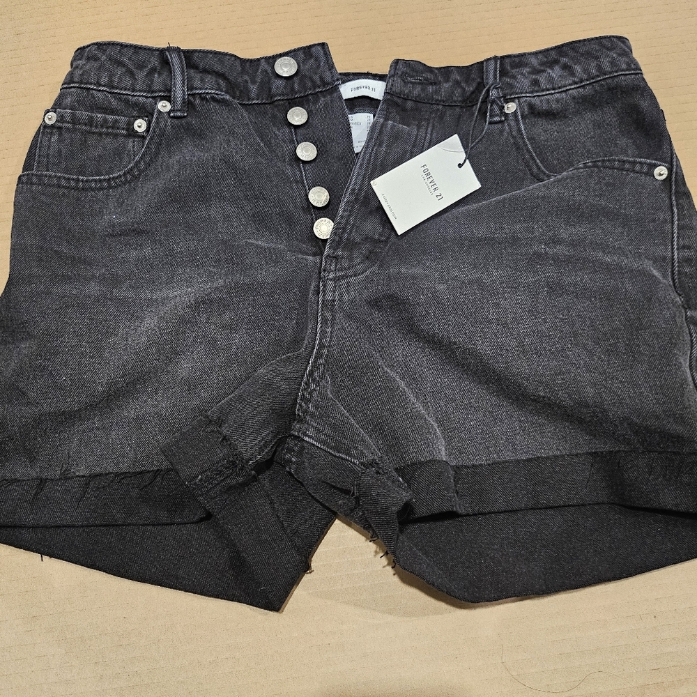 Forever 21 Washed Black High-Rise Button-Front Denim Shorts